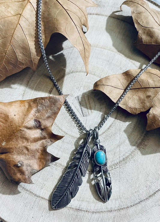 Collier Homme Pendentif Plume et Pierre Turquoise En Acier Inoxydable - Andreia Bijoux