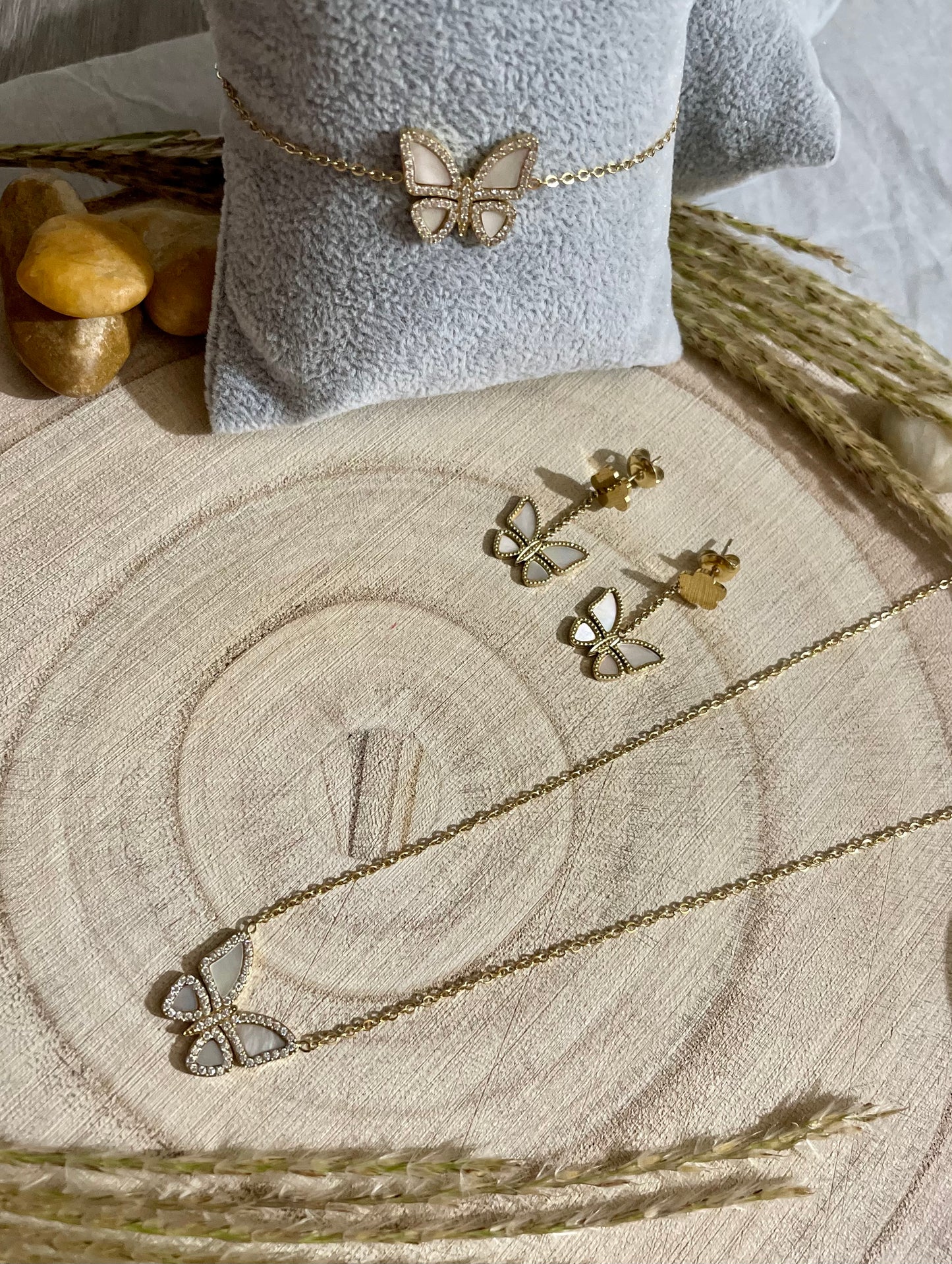 Conjunto Borboleta Madrepérola Aço Inoxidável 