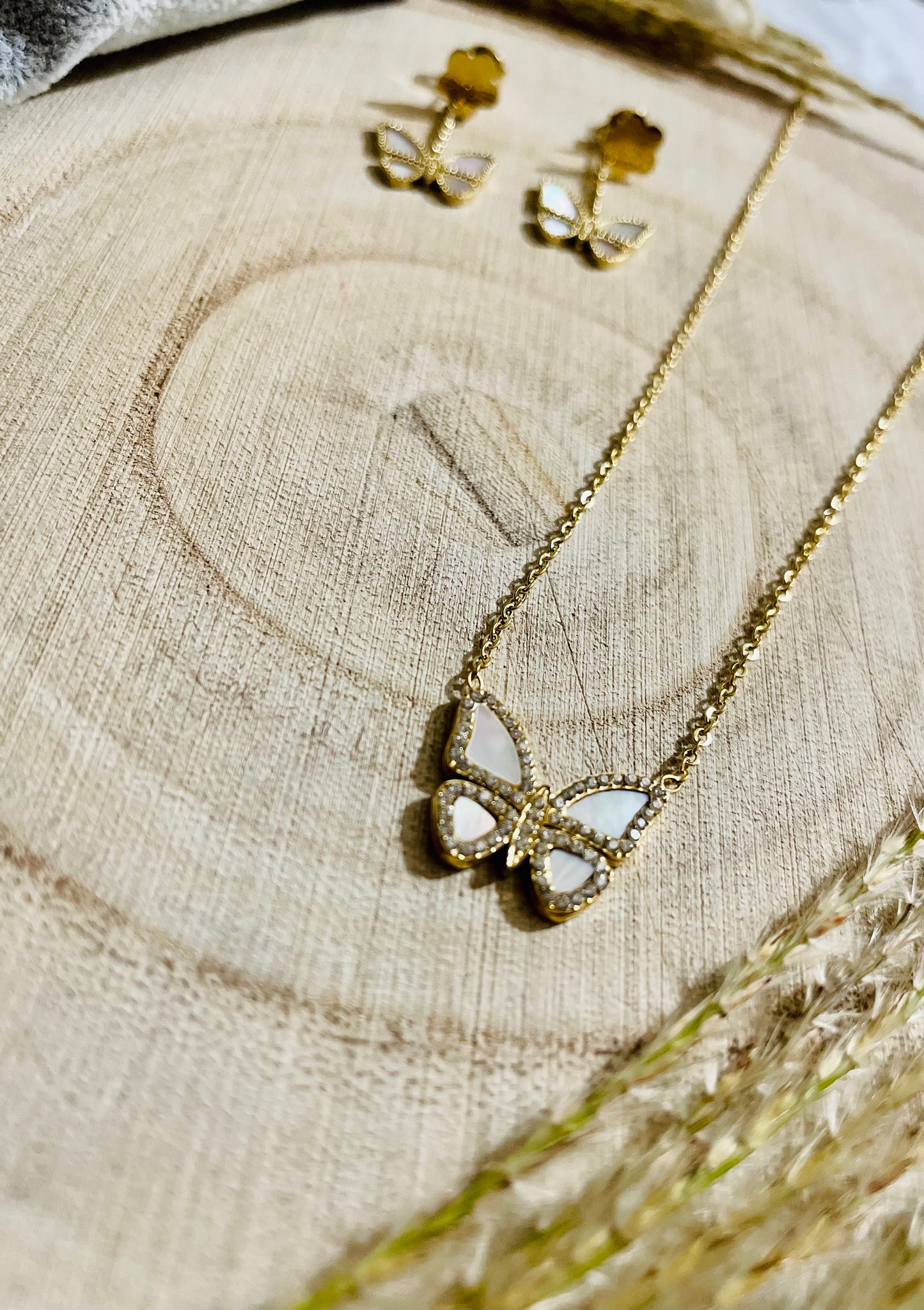 Conjunto Borboleta Madrepérola Aço Inoxidável 