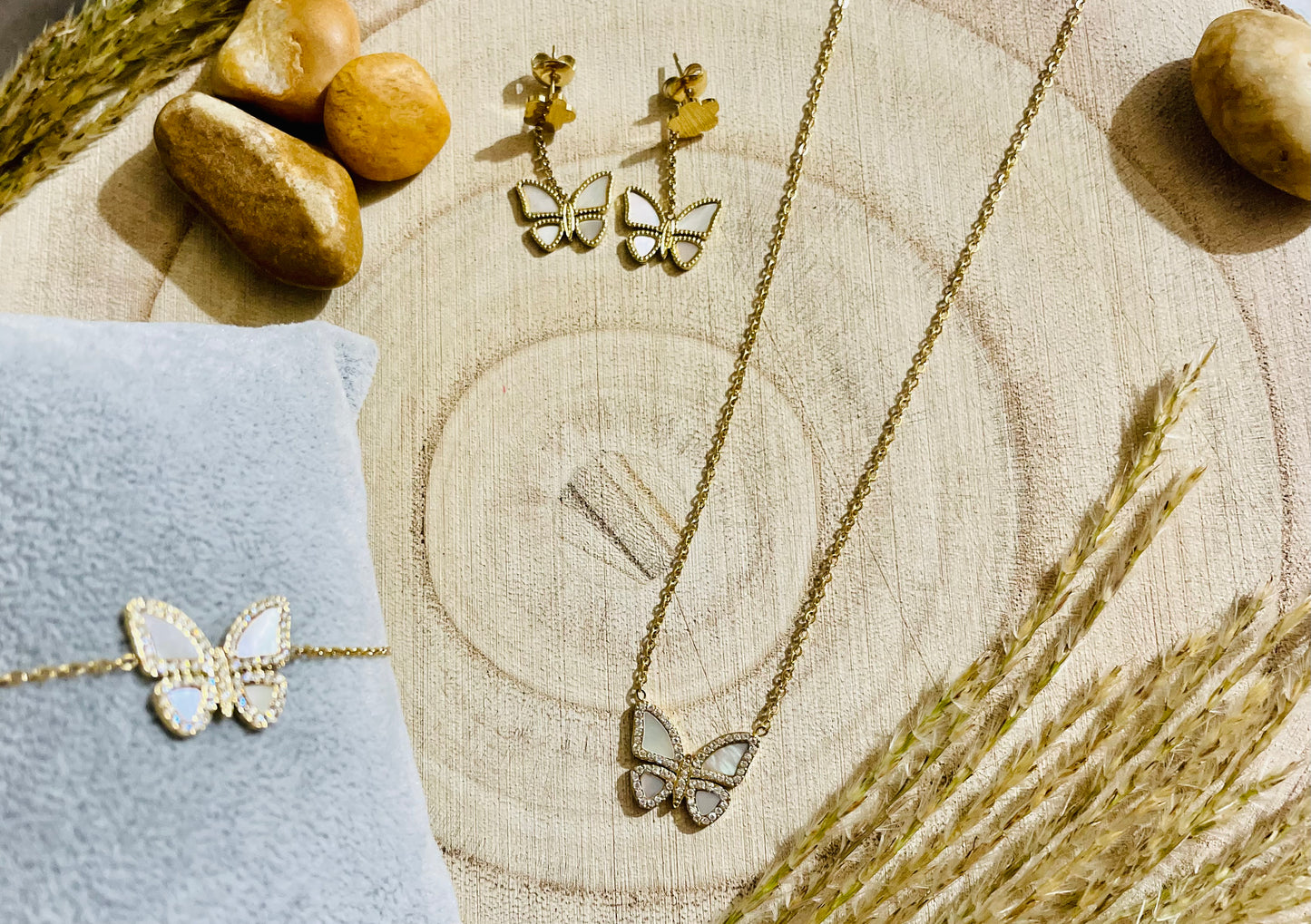 Conjunto Borboleta Madrepérola Aço Inoxidável 