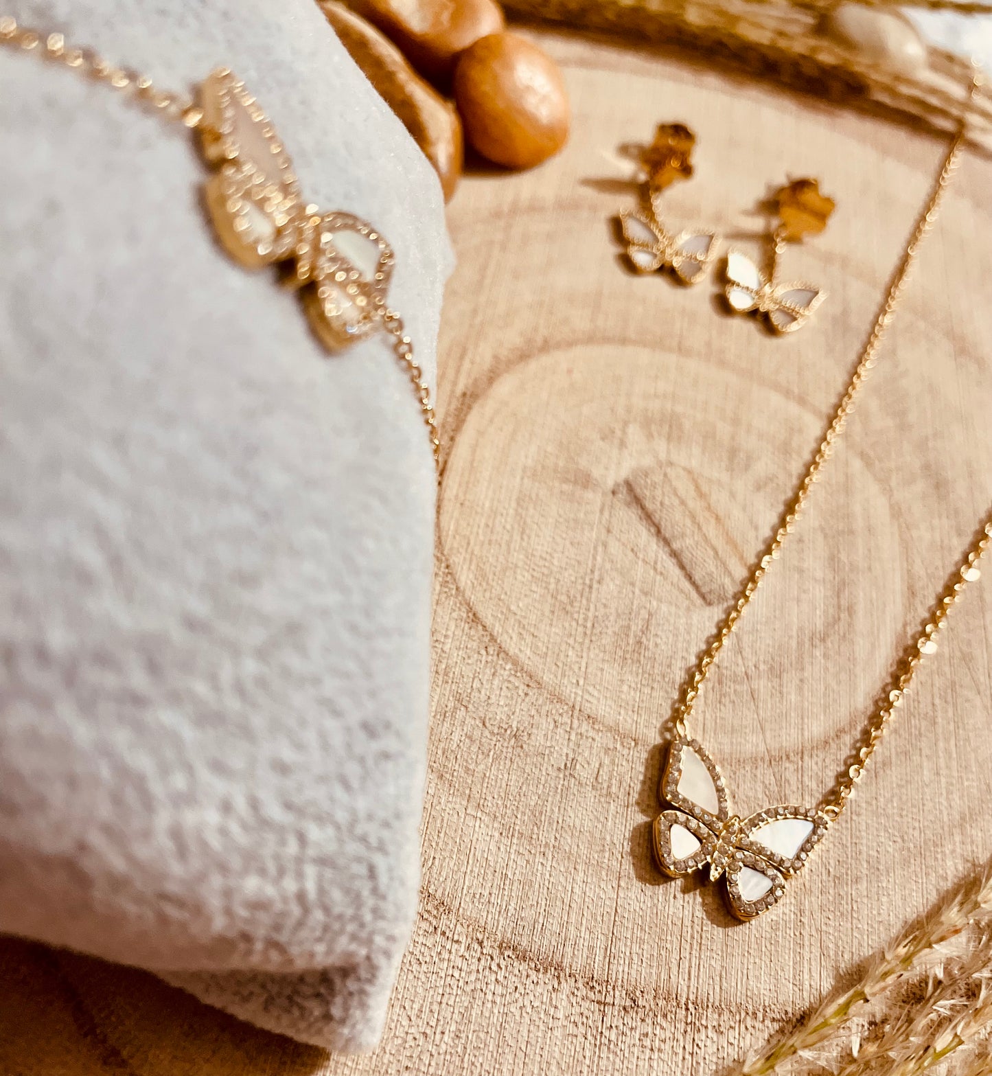 Conjunto Borboleta Madrepérola Aço Inoxidável 