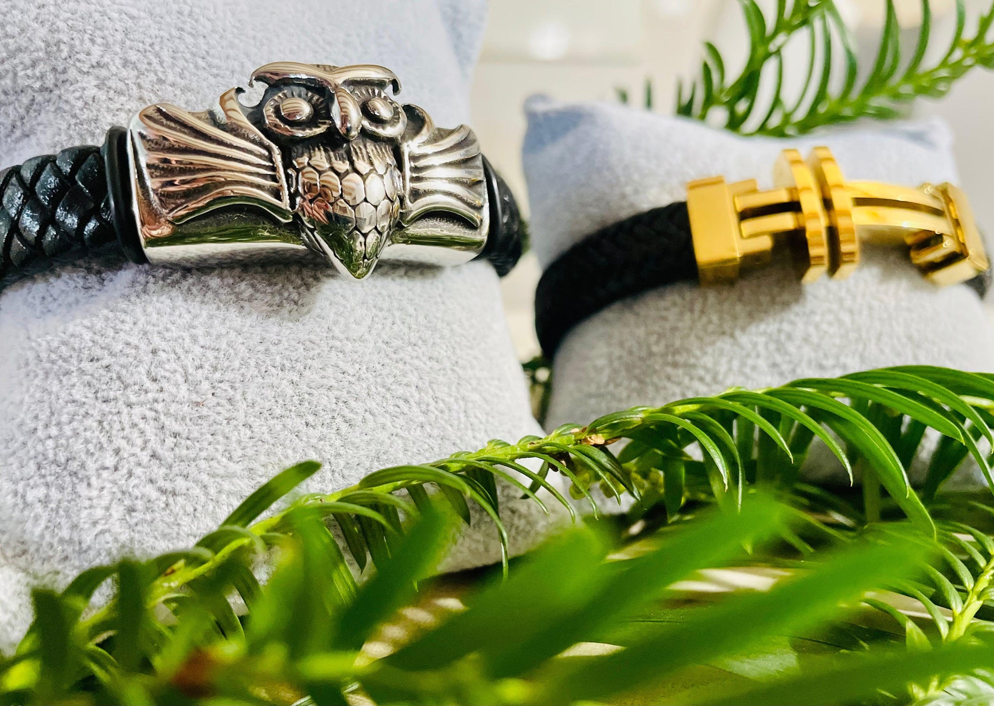 Bracelet Homme Hibou En Cuir Et Acier Inoxydable - Andreia Bijoux