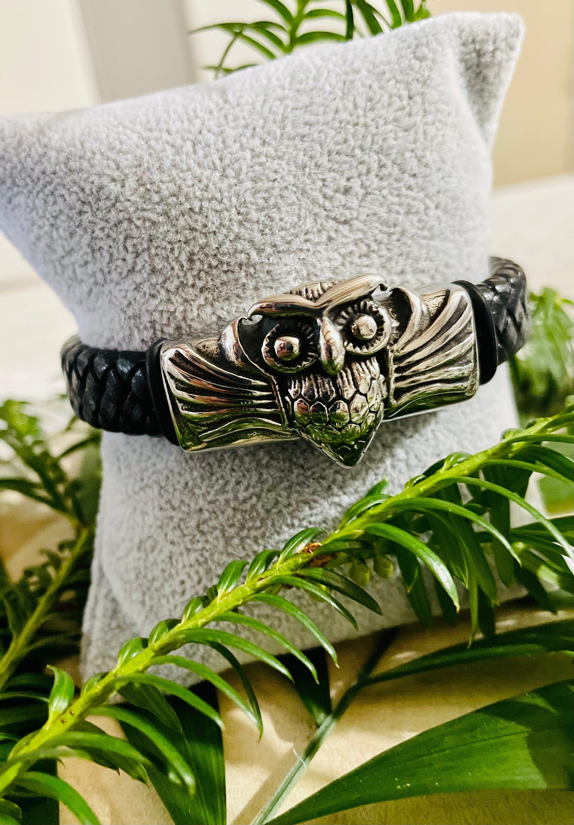 Bracelet Homme Hibou En Cuir Et Acier Inoxydable - Andreia Bijoux
