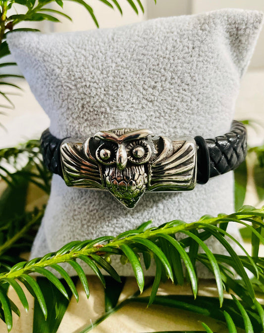 Bracelet Homme Hibou En Cuir Et Acier Inoxydable - Andreia Bijoux