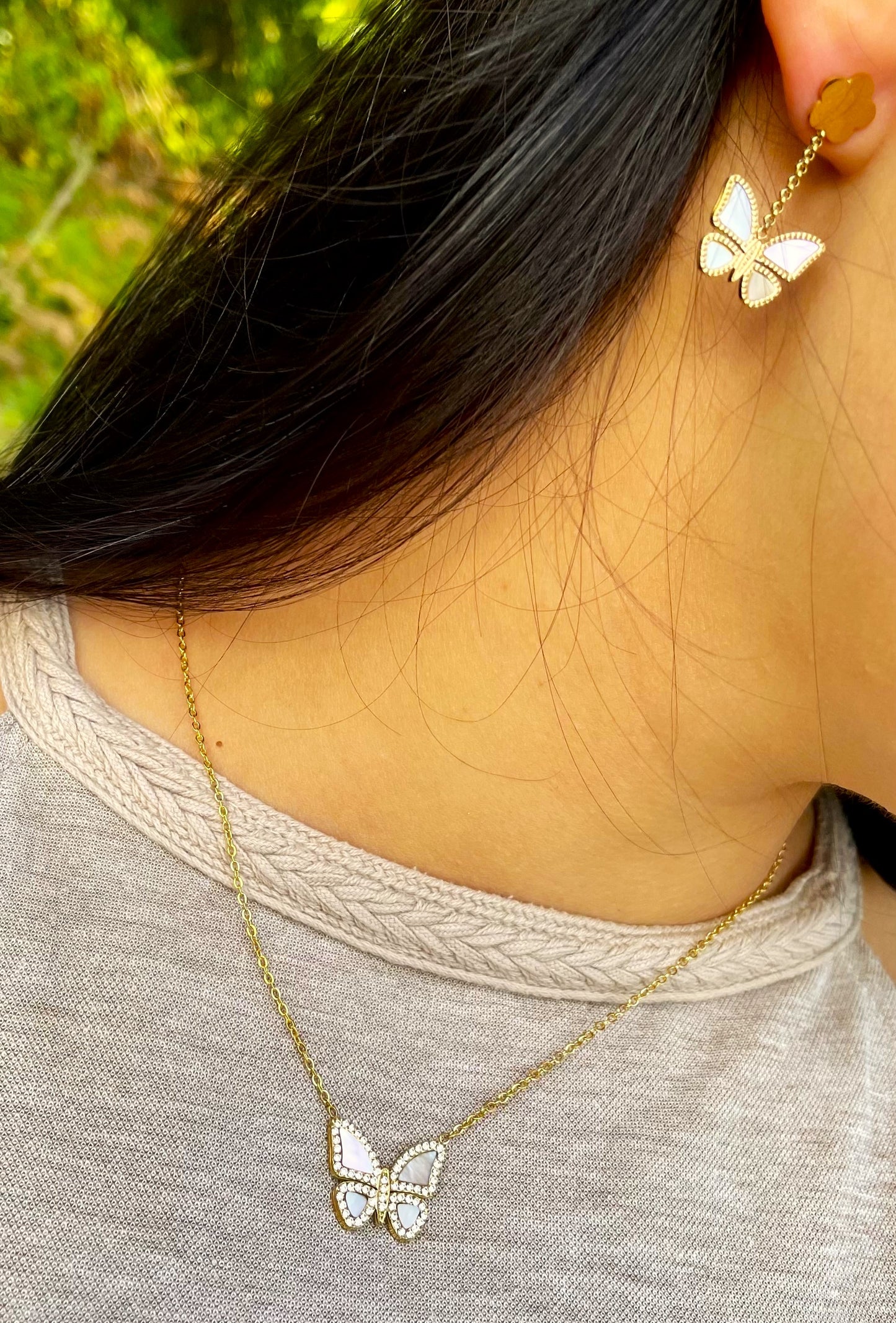 Conjunto Borboleta Madrepérola Aço Inoxidável 