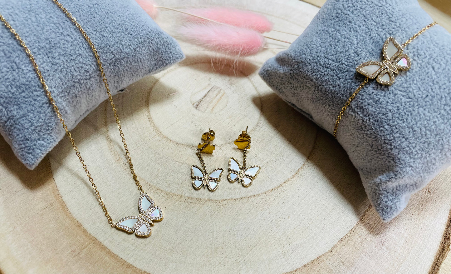 Conjunto Borboleta Madrepérola Aço Inoxidável 